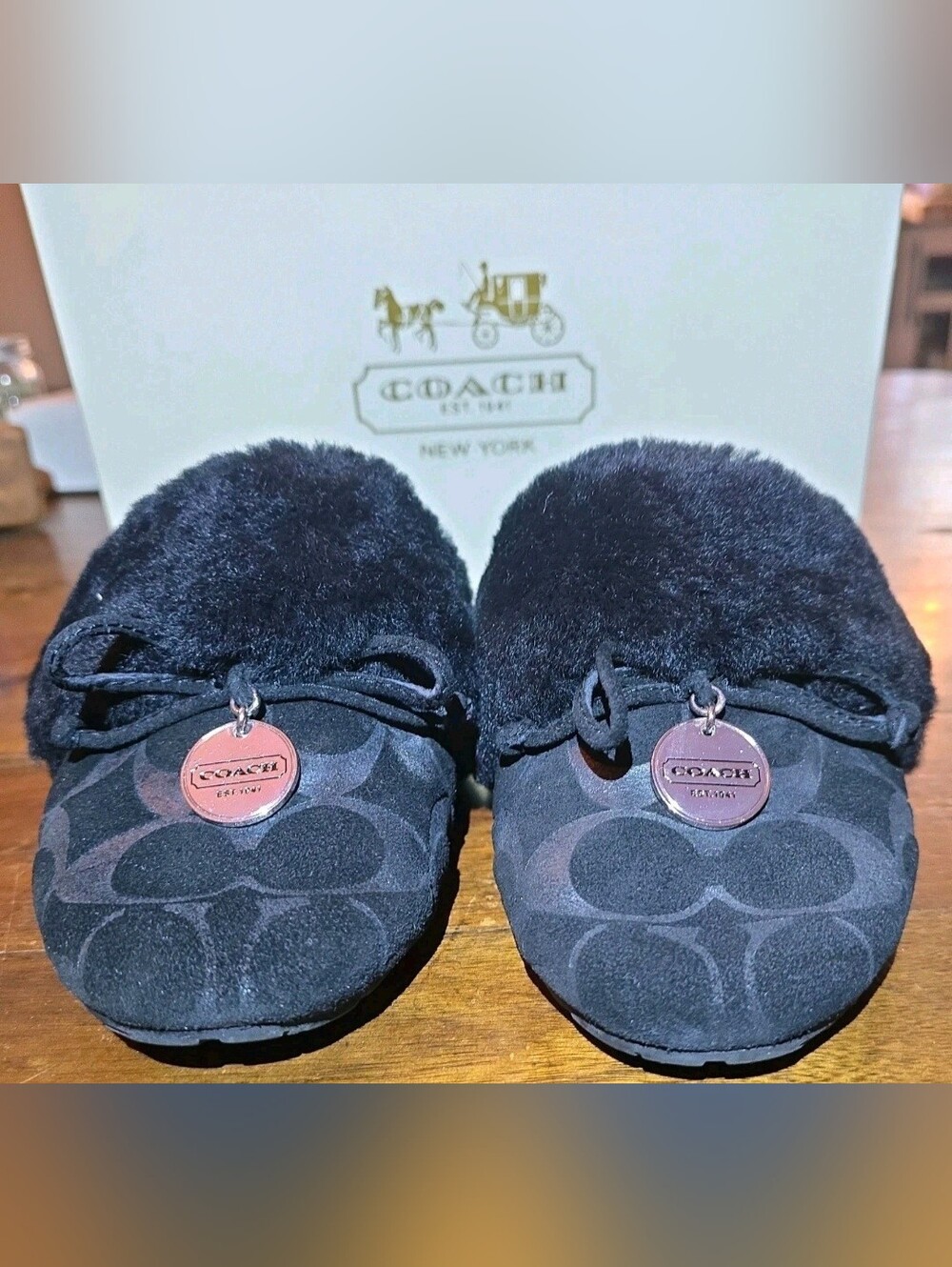 COACH CARRA Black Signature C Monogram Embossed Fur Trim Slide Slippers Size: 7